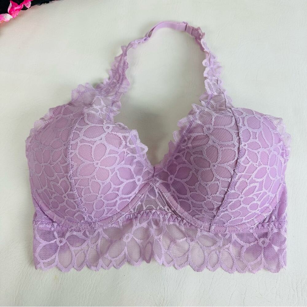 PINK Victoria's Secret Floral Lace Halter Bralette Bra Padded Lavender Sz S
